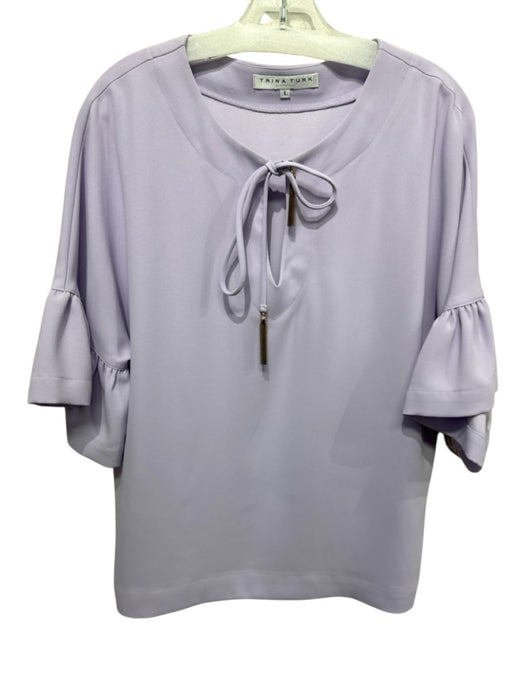 Trina Turk Size L Lilac Purple Polyester Tie V Neck 1/2 Sleeve Ruffle Detail Top Lilac Purple / L
