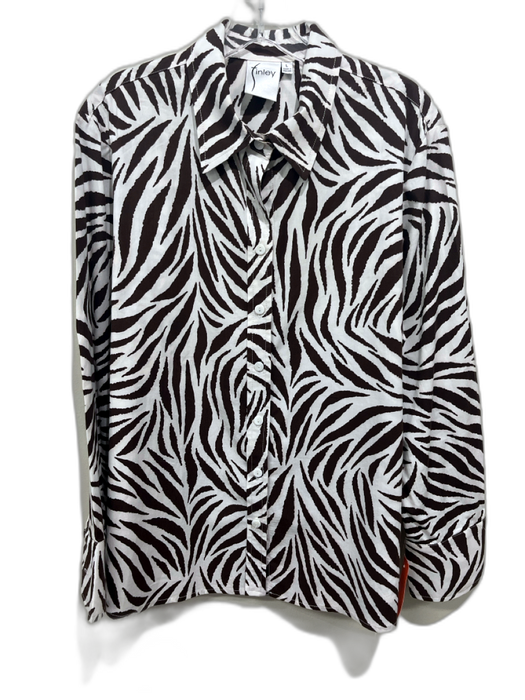 Finley Size L White & Brown Cotton Blend Zebra Print Long Sleeve Button Up Top White & Brown / L