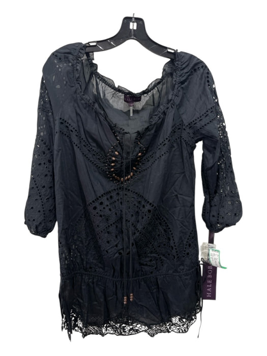 Hale Bob Size S Black Cotton & Silk Eyelet Long Sleeve Tunic Length Beaded Top Black / S