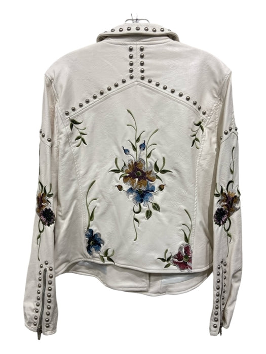 Blank NYC Size M White & Multi PU leather Moto Zip Floral Embroideries Jacket White & Multi / M