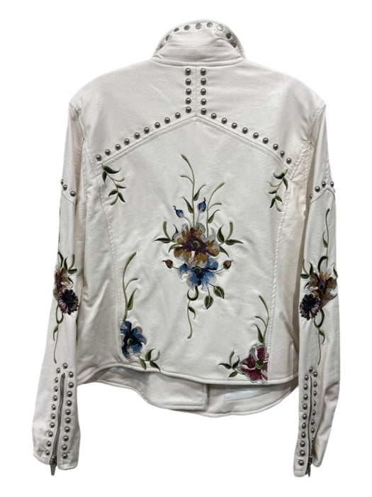 Blank NYC Size M White & Multi PU leather Moto Zip Floral Embroideries Jacket White & Multi / M