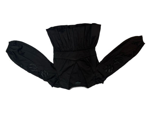 Cynthia Rowley Size 4 Black Cotton V Neck Long Sleeve Floral Sash Top Black / 4