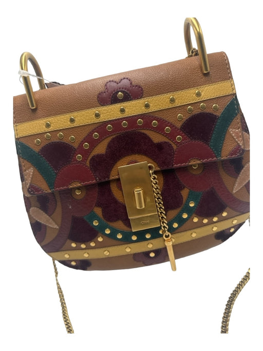 Chloe Brown, Green, Purple Leather Flap Floral Studded Gold Hardware Bag Brown, Green, Purple / Small