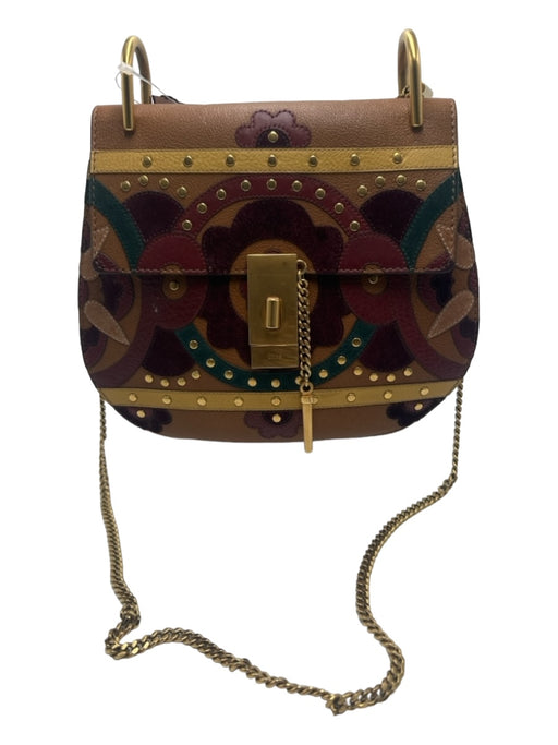 Chloe Brown, Green, Purple Leather Flap Floral Studded Gold Hardware Bag Brown, Green, Purple / Small