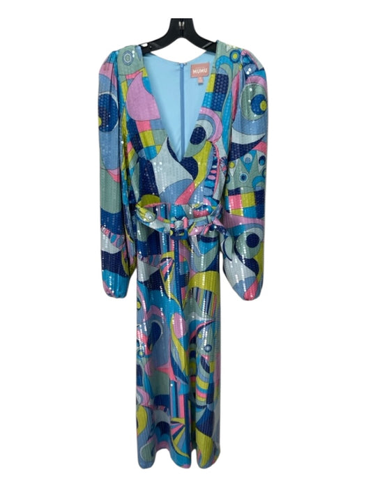 Mumu Size Small Light Blue, Pink & Multi Polyester Long Balloon Sleeve Dress Light Blue, Pink & Multi / Small