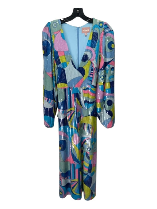 Mumu Size Small Light Blue, Pink & Multi Polyester Long Balloon Sleeve Dress Light Blue, Pink & Multi / Small