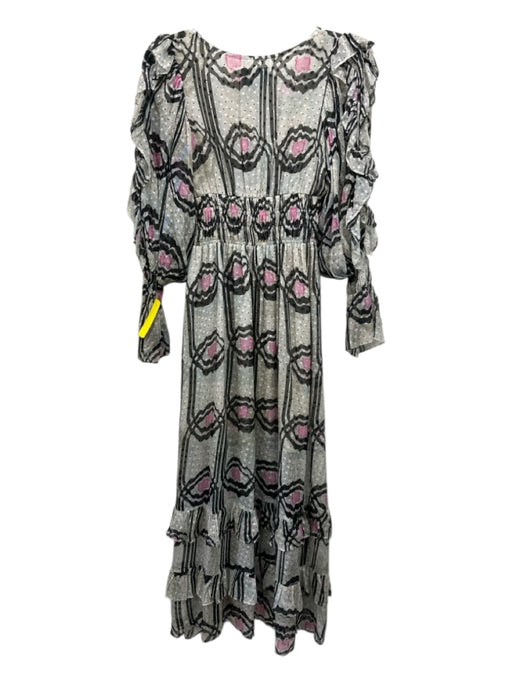Cynthia Rowley Size 2 Cream, Pink & Black Silk Blend Abstract Floral Midi Dress Cream, Pink & Black / 2