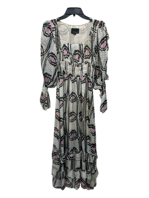 Cynthia Rowley Size 2 Cream, Pink & Black Silk Blend Abstract Floral Midi Dress Cream, Pink & Black / 2