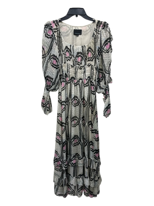 Cynthia Rowley Size 2 Cream, Pink & Black Silk Blend Abstract Floral Midi Dress Cream, Pink & Black / 2