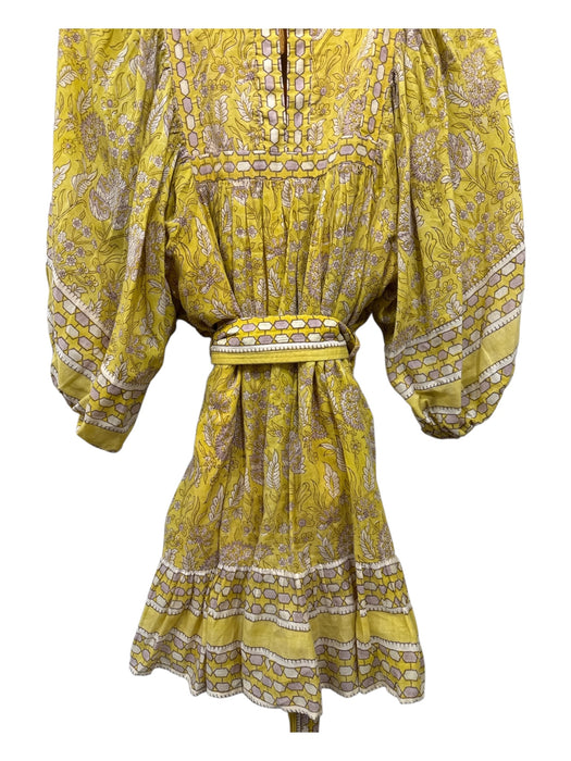 Cleobella Size M Yellow & Multi Cotton floral print Tie belt Puff Sleeves Dress Yellow & Multi / M