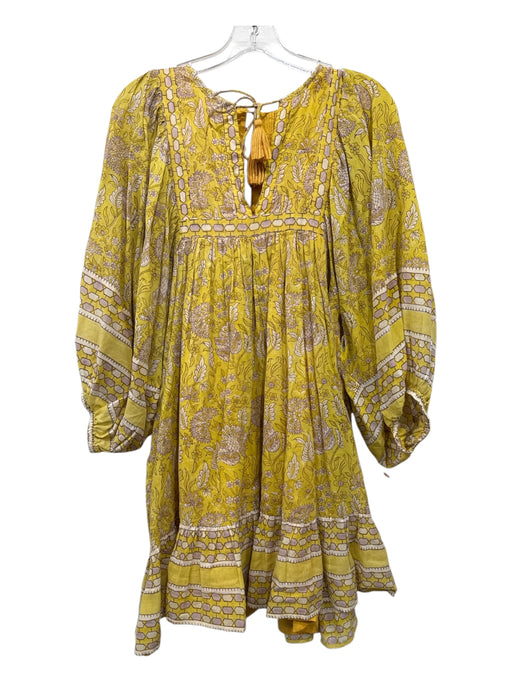 Cleobella Size M Yellow & Multi Cotton floral print Tie belt Puff Sleeves Dress Yellow & Multi / M