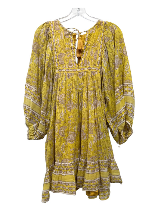 Cleobella Size M Yellow & Multi Cotton floral print Tie belt Puff Sleeves Dress Yellow & Multi / M