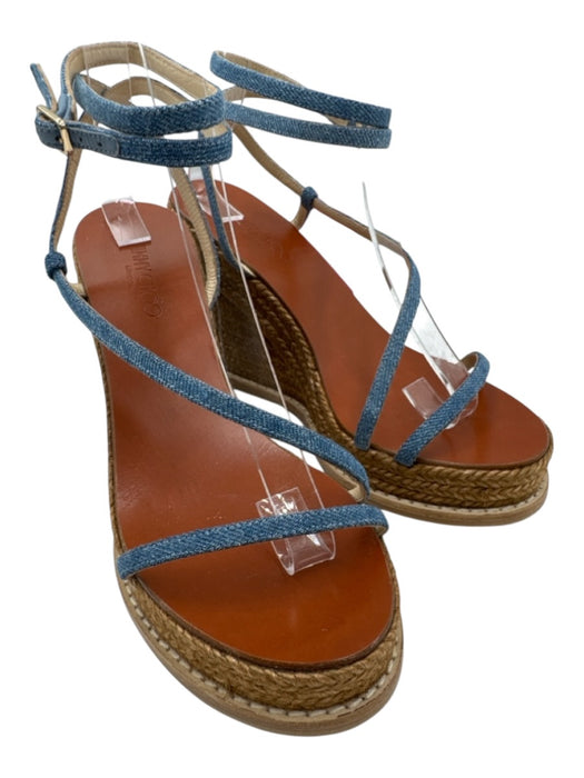 Jimmy Choo Shoe Size 37 Brown & Blue Leather & Rope Strappy Ankle Buckle Wedges Brown & Blue / 37