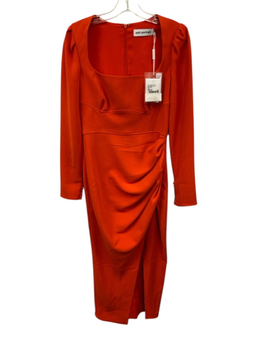 Self-Portrait Size 4 Orange Polyester Long Sleeve Pleated Tulip Hem Midi Dress Orange / 4