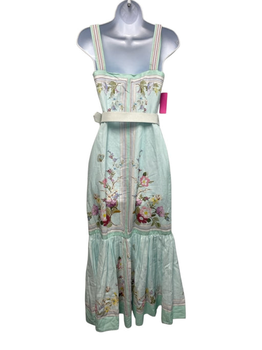 Self Portrait Size 2 Light Green & Multi Linen & Cotton Sleeveless Floral Dress Light Green & Multi / 2