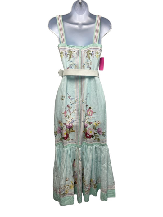 Self Portrait Size 2 Light Green & Multi Linen & Cotton Sleeveless Floral Dress Light Green & Multi / 2