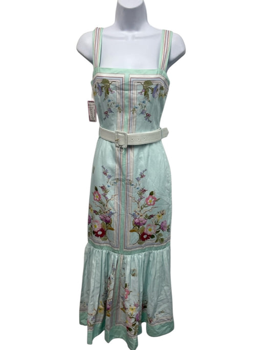 Self Portrait Size 2 Light Green & Multi Linen & Cotton Sleeveless Floral Dress Light Green & Multi / 2
