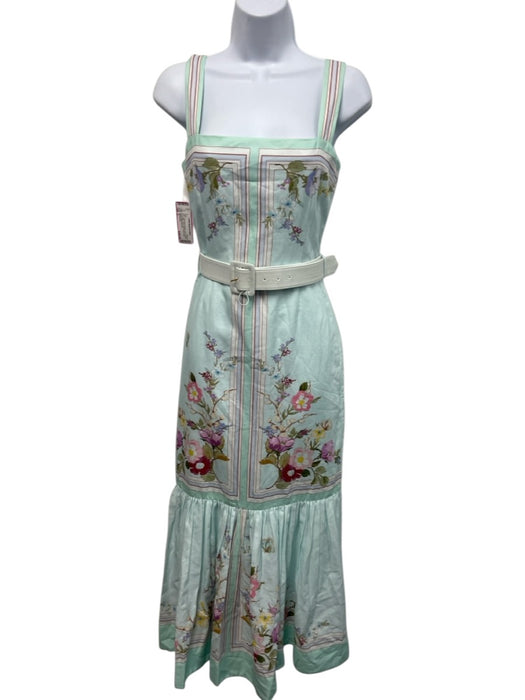 Self Portrait Size 2 Light Green & Multi Linen & Cotton Sleeveless Floral Dress Light Green & Multi / 2