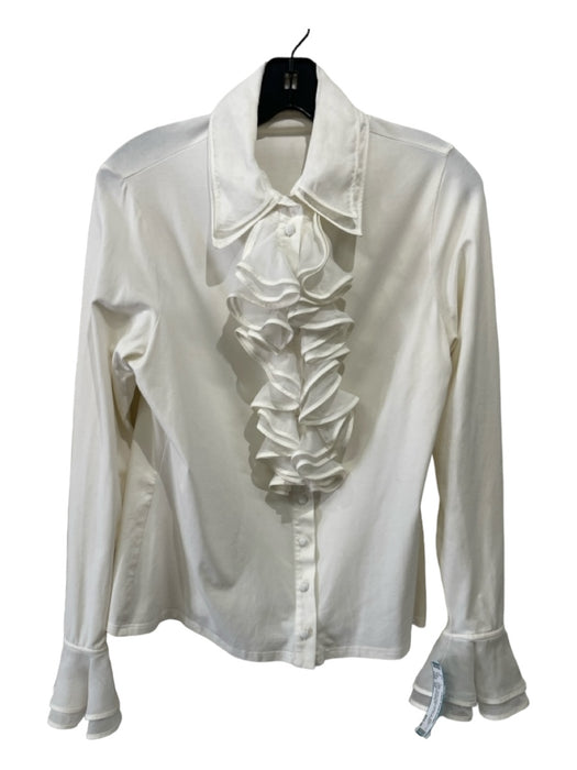 Anne Fontaine Size 44 White Pima Cotton Button Up Ruffle Detail Top White / 44