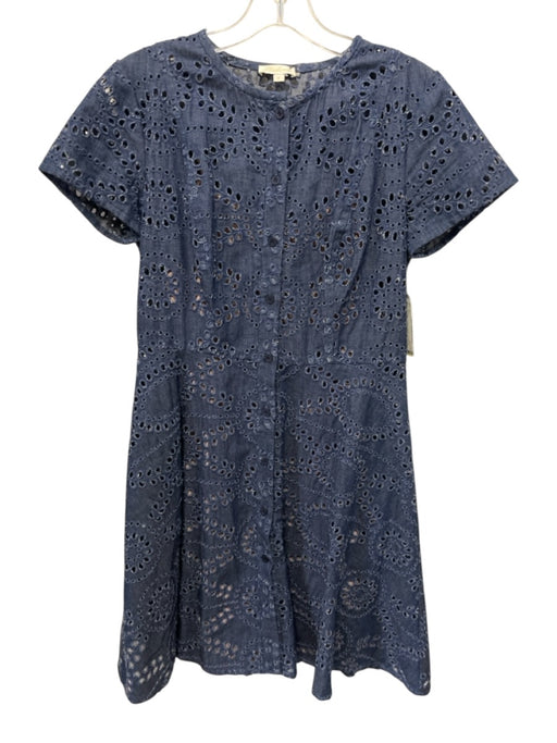 Shoshanna Size 2 Navy Blue Cotton Eyelet Chambray Button Front Cap Sleeve Dress Navy Blue / 2