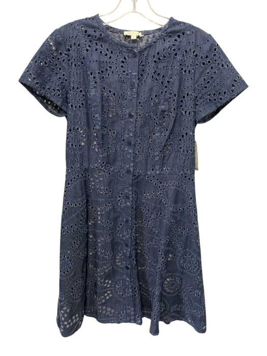 Shoshanna Size 2 Navy Blue Cotton Eyelet Chambray Button Front Cap Sleeve Dress Navy Blue / 2