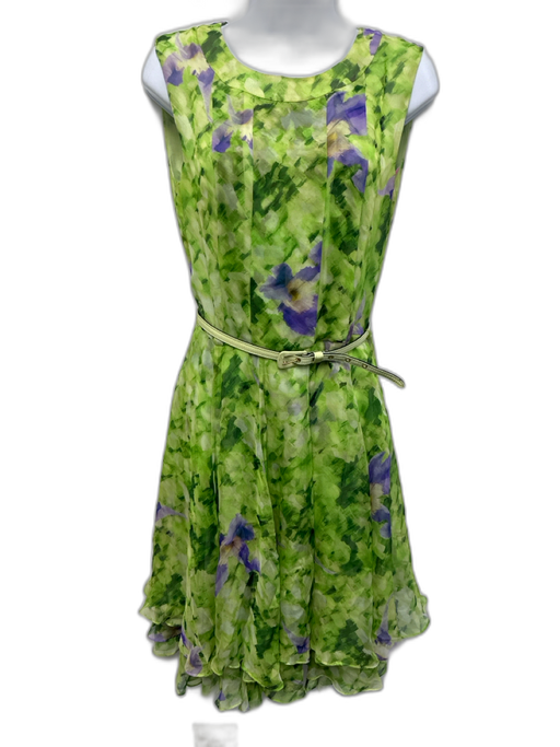 Oscar de la Renta Size 6 Green & Purple Silk Sleeveless Floral Print Mini Dress Green & Purple / 6