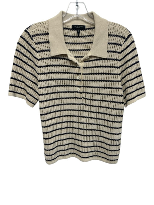 Rag & Bone Size M Cream & Navy Blue Cotton & Nylon Short Sleeve Stripe Knit Top Cream & Navy Blue / M