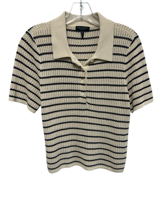 Rag & Bone Size M Cream & Navy Blue Cotton & Nylon Short Sleeve Stripe Knit Top Cream & Navy Blue / M
