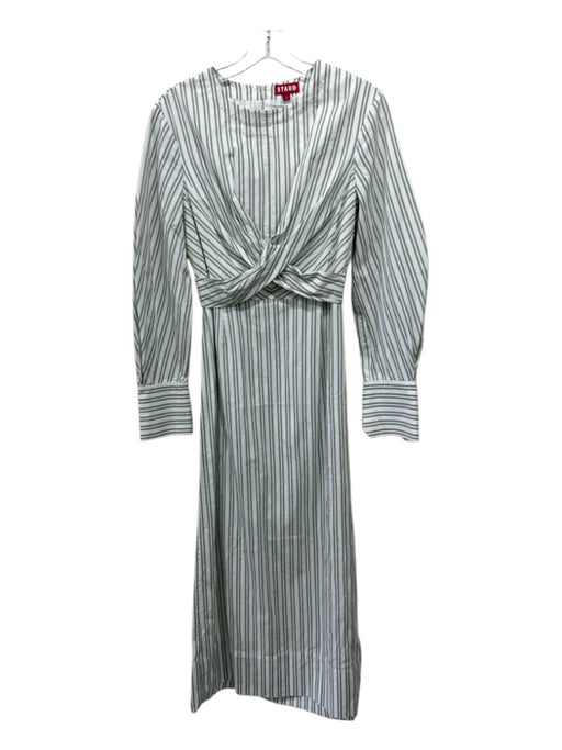 Staud Size Small Green & White Cotton Long Sleeve Striped Criss Cross Dress Green & White / Small