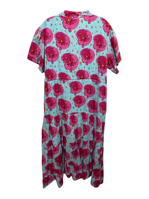 Victoria Dunn Size Est L Blue, Pink & Orange Cotton Floral Short Sleeve Dress Blue, Pink & Orange / Est L