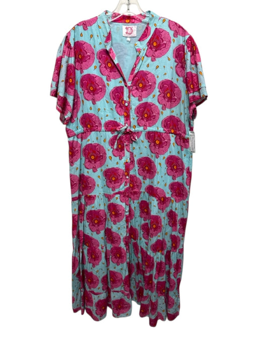 Victoria Dunn Size Est L Blue, Pink & Orange Cotton Floral Short Sleeve Dress Blue, Pink & Orange / Est L
