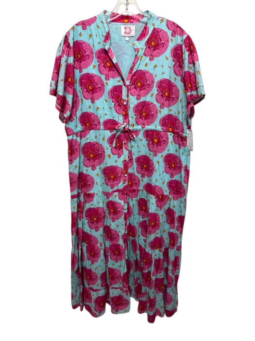 Victoria Dunn Size Est L Blue, Pink & Orange Cotton Floral Short Sleeve Dress Blue, Pink & Orange / Est L