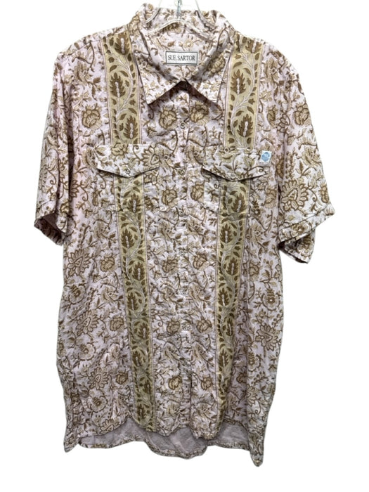 Sue Sartor Size Est L Pink, Beige & Brown Cotton Floral & Leaf Print Dress Pink, Beige & Brown / Est L