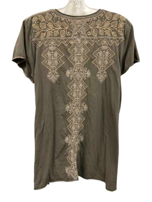 Johnny Was Size L Taupe Gray & Beige Cotton Botanical Embroidery V Neck Top Taupe Gray & Beige / L