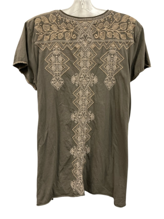 Johnny Was Size L Taupe Gray & Beige Cotton Botanical Embroidery V Neck Top Taupe Gray & Beige / L