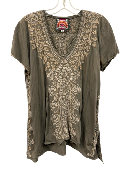 Johnny Was Size L Taupe Gray & Beige Cotton Botanical Embroidery V Neck Top Taupe Gray & Beige / L
