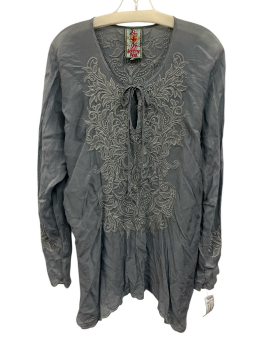 Johnny Was Size L Blue Rayon Botanical Embroidery Long Sleeve V Neck Top Blue / L