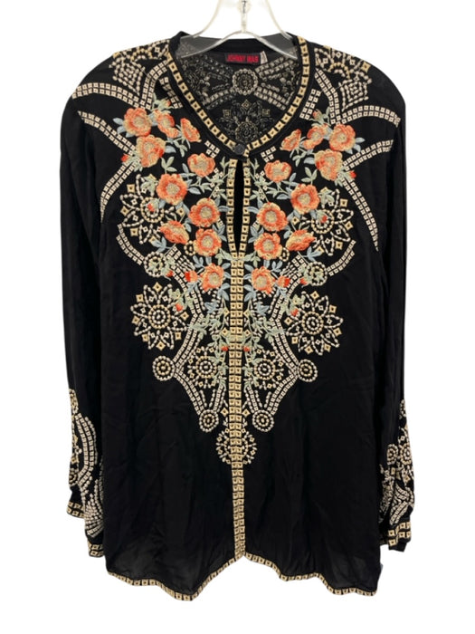 Johnny Was Size L Black, Cream & Pink Rayon Floral Embroidered Long Sleeve Top Black, Cream & Pink / L
