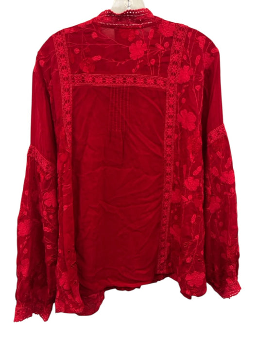 Johnny Was Size XL Red Rayon Botanical Embroidery Long Balloon Sleeve Top Red / XL