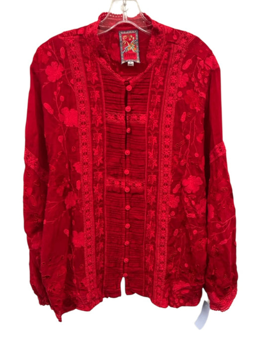 Johnny Was Size XL Red Rayon Botanical Embroidery Long Balloon Sleeve Top Red / XL
