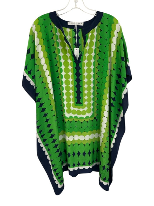 Trina Turk Size M/L Green, Navy, White Silk Split Neck dots Caftan Sleeves Dress Green, Navy, White / M/L