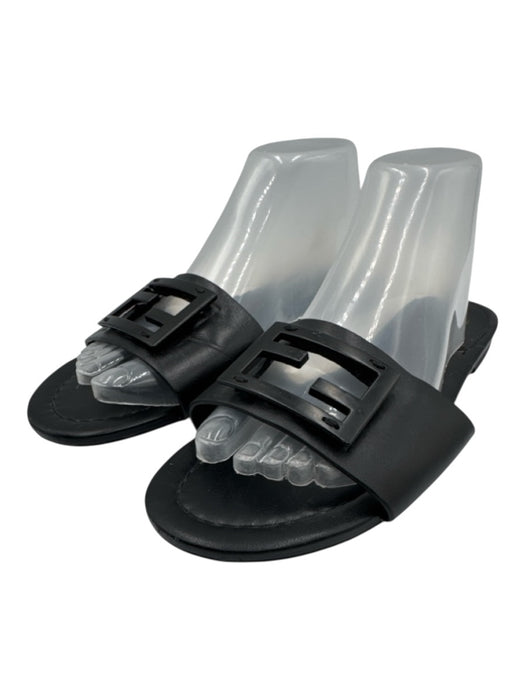 Fendi Shoe Size 40 Black Leather Slide Metal Logo Open Toe Sandals Black / 40