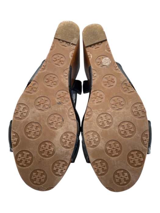 Tory Burch Shoe Size 9 Black & Brown Leather & Wood Wedge Ankle Strap Sandals Black & Brown / 9