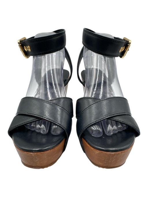 Tory Burch Shoe Size 9 Black & Brown Leather & Wood Wedge Ankle Strap Sandals Black & Brown / 9
