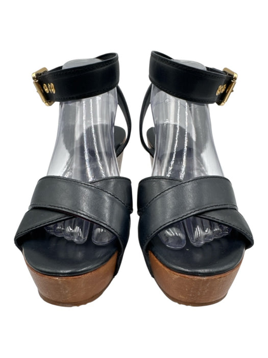 Tory Burch Shoe Size 9 Black & Brown Leather & Wood Wedge Ankle Strap Sandals Black & Brown / 9