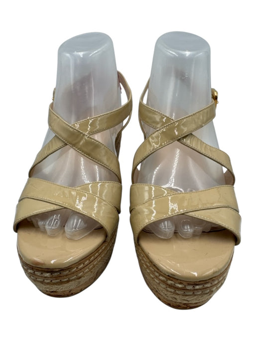 Prada Shoe Size 39 Beige & Brown Patent Leather Cork Wedge Ankle Buckle Sandals Beige & Brown / 39