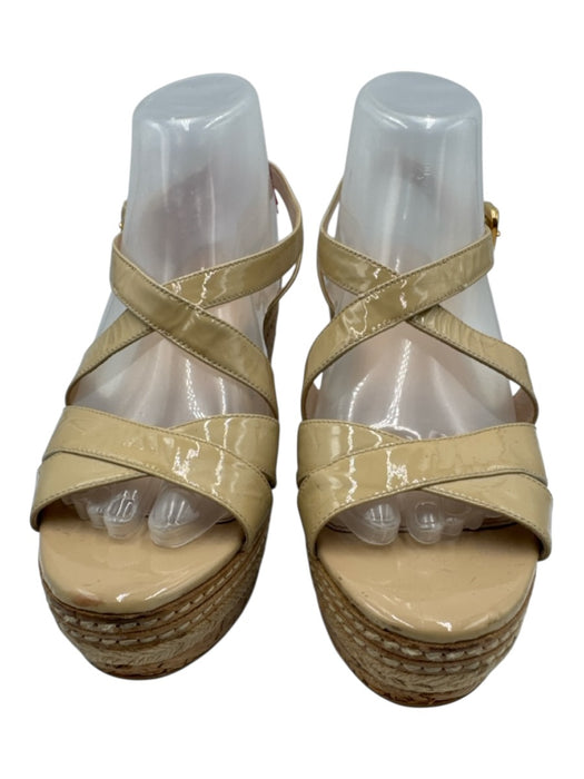 Prada Shoe Size 39 Beige & Brown Patent Leather Cork Wedge Ankle Buckle Sandals Beige & Brown / 39