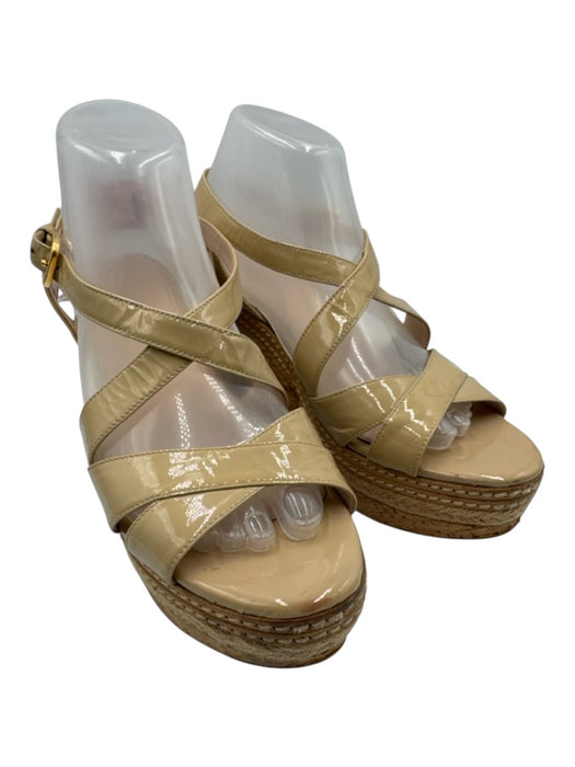 Prada Shoe Size 39 Beige & Brown Patent Leather Cork Wedge Ankle Buckle Sandals Beige & Brown / 39