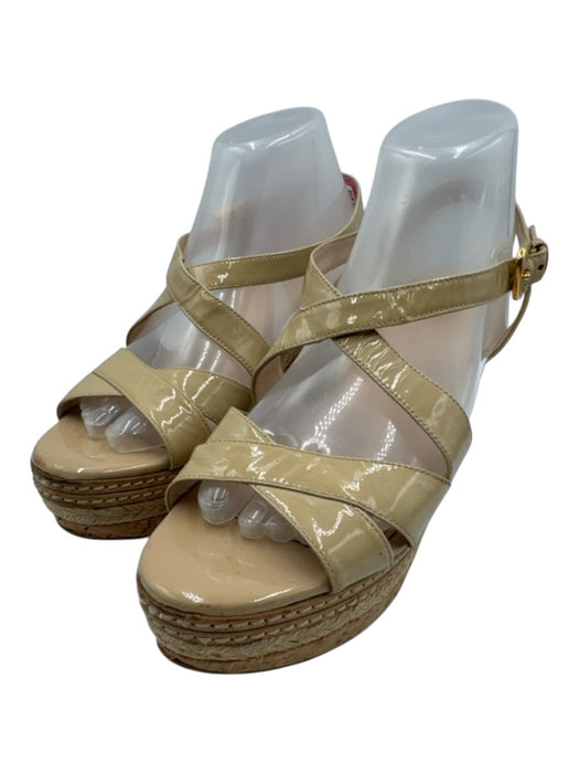Prada Shoe Size 39 Beige & Brown Patent Leather Cork Wedge Ankle Buckle Sandals Beige & Brown / 39