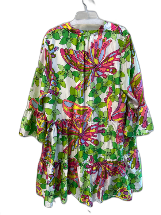 Trina Turk Size XXL Green, Pink & Multi Silk All Over Print lined Tiered Dress Green, Pink & Multi / XXL